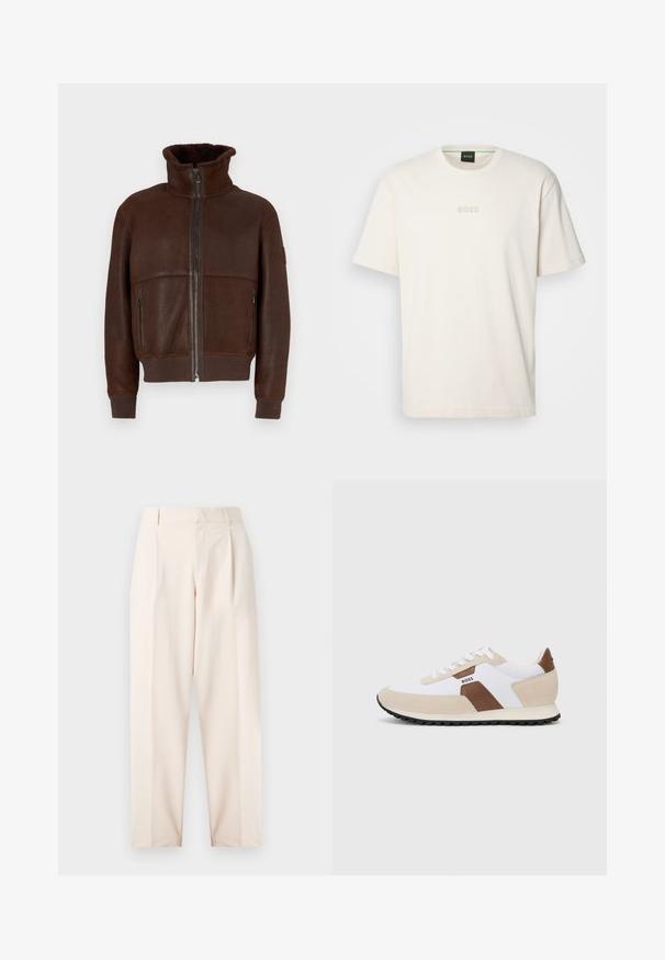 Belstaff TRACE JACKET - Ādas jaka - teak brown; BOSS TEE - Pamata T-krekls - open white; Beige pielāgotas bikses ar augsto vidukli, krokām un taisnu kāju dizainu. Izgatavotas no gludas auduma, ar sānu kabatām un tīru apdari.; Sneakeri, kas izgatavoti no balta sieta un beigu zamšas ar brūnu ādas akcentu. Apaļa purngala forma, plakana gumijas zole un auklu dizains.
