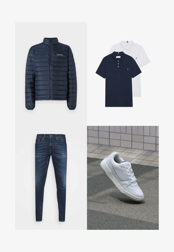 Jachetă căptușită de culoare bleumarin, cu guler înalt, închidere prin fermoar pe față și logo-ul Red Bull Racing pe piept. Prezintă un design quilted orizontal.; Două tricouri polo: unul albastru navy și unul alb, ambele având un mic accent roșu, alb și albastru pe buzunarul de la piept și guler.; Jeans din denim de culoare albastră închisă, cu o croială slim, ușor decolorate, cinci buzunare și închidere cu buton metalic. Detalii cusute în culori contrastante.; Adidași din piele albă cu părți perforate, accente texturate, șireturi plate și un călcâi gri contrastant. Prezintă o talpă ușor ridicată.