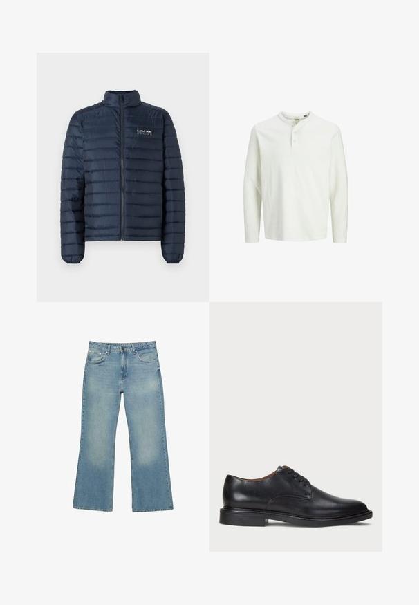 Meripunan vuorikinnas, jossa on pystytakki, etuvetoketju ja Red Bull Racing -logo rintamuksessa. Ominaisuuksiin kuuluu horisontaalinen tikkikuvio.; Valkoinen pitkähihainen henley-paita, jossa on kolme nappia ja pyöreä kaula-aukko, esillä yksinkertaisella valkoisella taustalla.; Vaalean siniset farkut leveällä lahkeella, joissa on viisi taskua, nappisuljenta ja hienovaraista haalistumista, sekä raaka helma ja kestävä ommel.; Musta nahkakenkä, jossa on pyöreä varvas, nauhakiinnitys ja matala tukipohja. Tasainen pinta, jossa on minimaalinen ommeltu yksityiskohta.