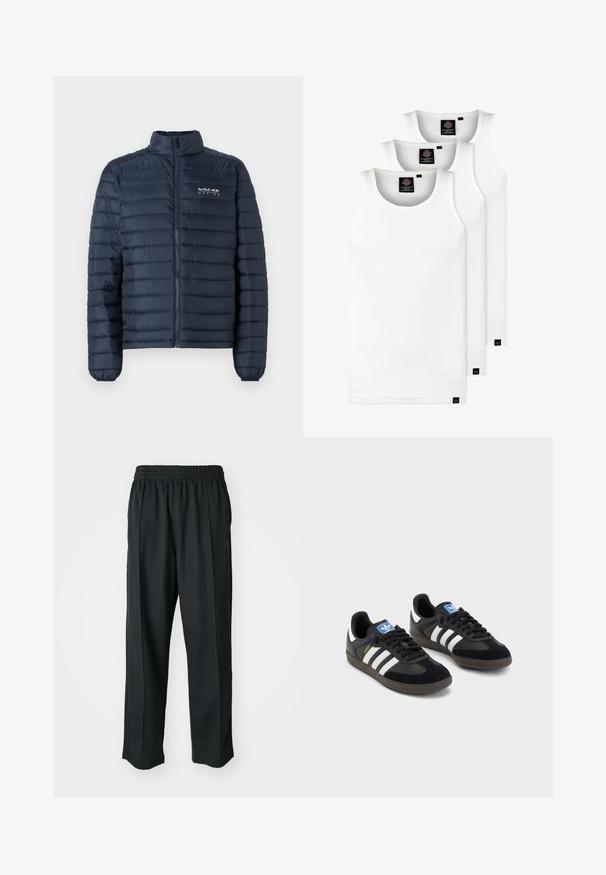 Námornícka prešívaná bunda s vystuženým golierom, predným zipsom a logom Red Bull Racing na hrudi. Obsahuje horizontálne prešívaný dizajn.; Tri biele rebrované tielka vyrobené z bavlny. Majú okrúhly výstrih a malé čierne štítky pri leme. Dostupné v rôznych veľkostiach.; Čierne športové nohavice s elastickým pásom, vyrobené z hladkého materiálu, s jemným bočným šitím a voľným strihom, rovný strih.; Čierne tenisky so zvrškom z semišu a syntetického materiálu, s tromi bielymi pruhmi, štruktúrovanou gumovou podrážkou a modrou logovou etiketou na jazyku.