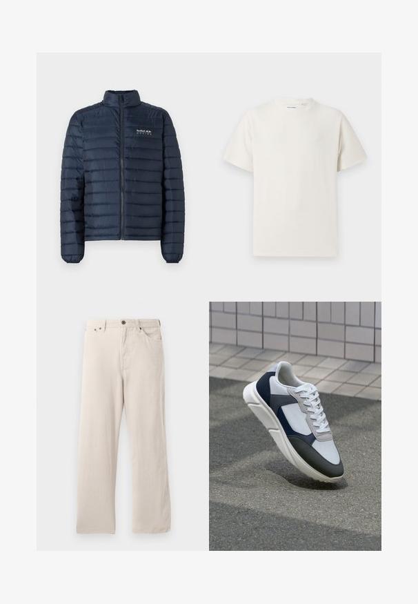 Tumes sinine voodriga jakk, millel on seisva kraega, esine tõmblukk ja Red Bull Racing logo rinnal. Omab horisontaalset tikandikujundust.; Valge lühikeste varrukatega T-särk ribakudumises. Ümar kaelus, mugav lõige, nähtavad mustrid ega aksessuaarid puuduvad. Lihtne ja mitmekesine disain.; Bežist korduroopüksid sirge lõikega, ribakujulise tekstuuriga, viie tasku disainiga ja nööpidega sulgemisega.; Valge, mereväe sinine ja hall spordijalats, millel on segatud materjalide disain, tekstureeritud ülemine osa, lame pael ja pehme talla.