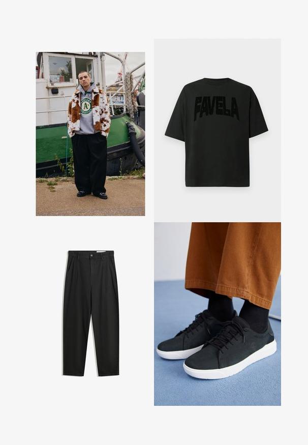 Un tânăr îmbrăcat cu o haină de blană maro cu pete albe deasupra unui hanorac Oakland Athletics stă pe malul apei lângă o barcă verde.; Tricou negru din bumbac, cu text mare și texturat "FAVELA" pe față. Mâneci scurte, croială lejeră, decolteu rotund, design minimal.; Pantaloni negri din bumbac cu croială lejeră, având un brâu clasic, plii frontale și buzunare laterale. Textură netedă fără modele.; Adidași negri din suede cu talpă din cauciuc albă, cu un design cu șireturi, accente texturate și branding subtil, asortați cu pantaloni maro.