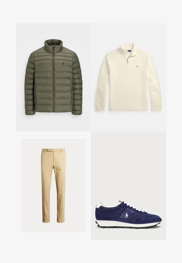 Olive spalvos pūkinė striukė su horizontaliais siūlėmis, aukštu apykakle, pilnu užtrauktuku ir mažu logotipu ant krūtinės.; Kreminės spalvos ilgomis rankovėmis megztinis su ketvirčio užtrauktuku ir mažu siuvinėtu polo žaidėjo logotipu kairiajame krūtinės plote.; Kaki chinos, pagaminti iš lygaus medvilnės audinio, turintys prigludusį siluetą, priekinę klostę ir manžetę ties kulkšnimis, siekiant siauresnio vaizdo.; Jūrų pajėgų sportbačiai, pagaminti iš zomšos ir audinio, su baltais raišteliais, guma padą ir mažu logotipu šone.