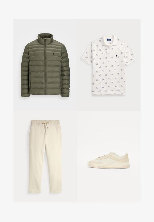 Pufferjakke i olivengrønn, med horisontale quiltede linjer, høy krage, hel glidelås og en liten logo på brystet.; Hvit polo skjorte laget av bomull, med et gjentatt blått hundemønster og en liten blå logo på brystet. Kortermet og med krage.; Off-white kosebukser med elastisk midje og snor, rette ben og sidelommer mot en ensfarget bakgrunn.; Beige sneakers laget av glatt lær og tekstil; lavprofil design med rund tå og snøring; teksturerte sideakenter.