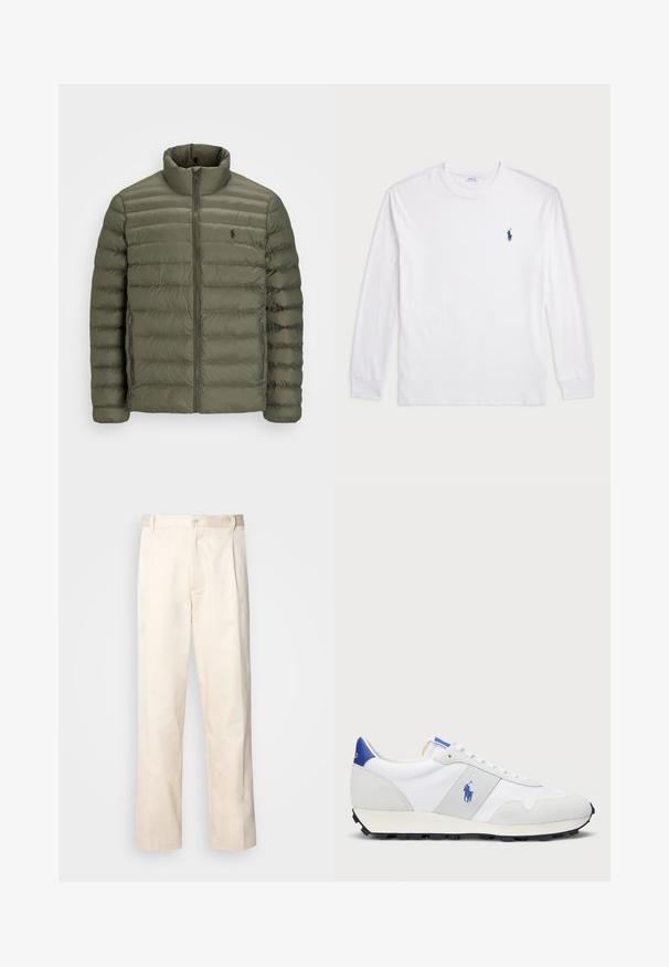 Puffer jacket in olive green, featuring horizontal quilted lines, high collar, full zip closure, and a small logo on the chest.; White long-sleeve T-shirt made of cotton. Features a round neckline, ribbed cuffs, and a small navy blue polo logo on the left chest.; Beige cotton trousers with a straight-leg cut, featuring a button closure and pleats at the front for added detail.; White athletic sneaker with grey suede accents, mesh upper, blue heel tab, and black rubber outsole. Features lace-up closure and logo.