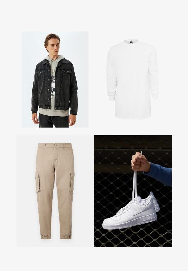 Schwarze Jeansjacke mit klassischem Design, ausgestattet mit knöpfbarem Vorderteil, zwei Brusttaschen und einem lässigen Schnitt. Getragen über einem grauen Hoodie.; Langärmliges, weißes Baumwoll-T-Shirt mit Rundhalsausschnitt, lockerer Passform und gerippten Bündchen. Schlichtes Design, keine Grafiken oder Muster.; Beige Cargo-Hosen aus leichtem Baumwollmaterial. Mit elastischen Bündchen, mehreren Seitentaschen und einem Knopfverschluss.; Weiße Leder-Sneaker mit Perforationen, runder Zehenpartie, flacher Sohle und dicken Schnürsenkeln, mit sichtbar eingesticktem Swoosh-Logo und "AIR" an der Ferse.
