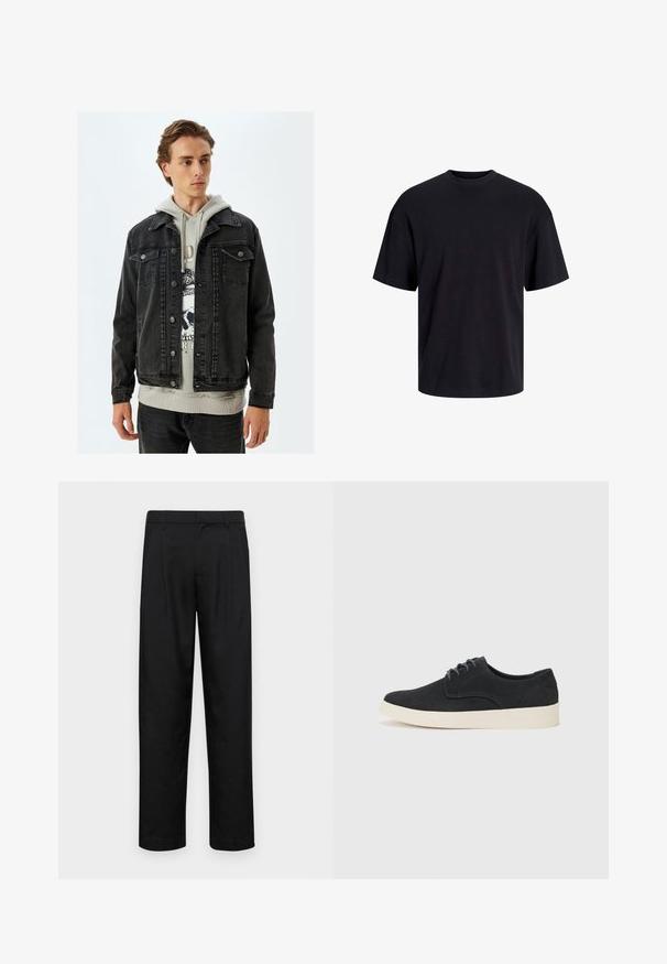 Chaqueta de denim negra con un diseño clásico, que presenta un cierre frontal con botones, dos bolsillos en el pecho y un ajuste holgado. Lleva puesta una sudadera gris debajo.; Camiseta de algodón negra con cuello redondo, mangas cortas y un ajuste relajado. Textura suave y sin patrones ni acentos visibles.; Pantalones negros de tela suave, con un diseño de pierna recta, dos pliegues frontales y una cintura estándar con trabillas para el cinturón.; Zapato negro de ante con cordones, punta redonda, suela ligera de color crema y sutiles acentos de costura azul en la parte superior.