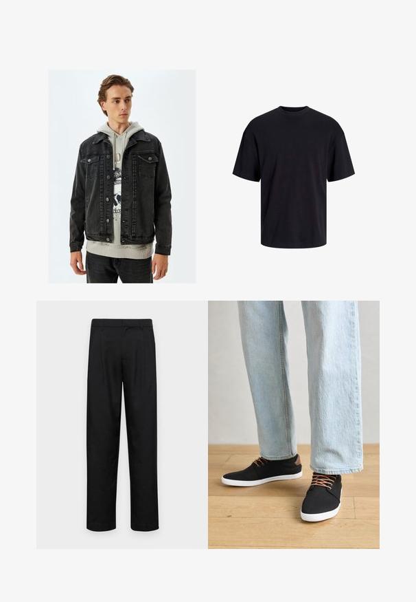 Zwarte denimjas met een klassiek ontwerp, voorzien van een knoopsluiting aan de voorkant, dubbele borstzakken en een relaxte pasvorm. Draagt over een grijze hoodie.; Zwarte katoenen t-shirt met een ronde halslijn, korte mouwen en een relaxte pasvorm. Glad textuur en geen zichtbare patronen of accenten.; Zwarte broeken van gladde stof, met een recht model, twee voorknikken en een standaard tailleband met riemlussen.; Zwarte canvas sneakers met bruine accenten, witte rubberen zolen en bruine veters, gecombineerd met lichtblauwe spijkerbroeken met rechte pijpen. Houten vloer als achtergrond.