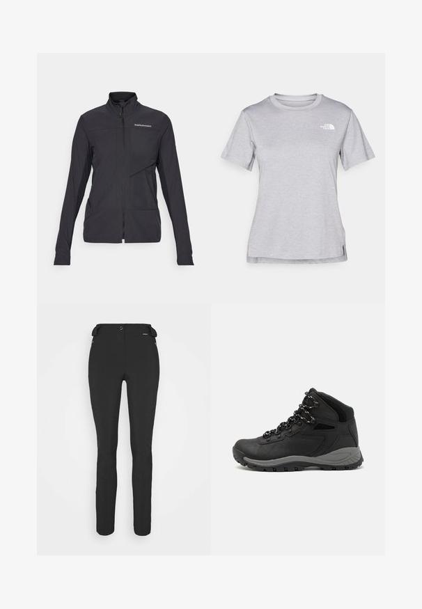 Črna zip-up jakna z dolgimi rokavi, visokim ovratnikom, strukturnim materialom in diagonalno sprednjo žep. Logo je postavljen na prsih.; Siva kratka majica s kratkimi rokavi, izdelana iz mehkega, vlago odvračajočega materiala. Ima okroglo izrez in majhen bel logotip na zgornji levi strani.; Črne prileganje hlače, izdelane iz fleksibilnega materiala. Značilnosti vključujejo žep z zadrgo na strani, artikulirana kolena in gladko teksturo.; Črne pohodniške čevlje z srednje visokim dizajnom, ki imajo teksturirano zgornji del, sivi dodatki in vzdržljiv gumen podplat s protizdrsnimi izboklinami.