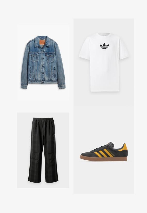 Casaco de ganga azul claro com um design clássico, fecho com botões, dois bolsos no peito e um patch de marca em couro no colarinho.; T-shirt de algodão branco com um logo preto da Adidas no centro. Mangas curtas e um design de gola redonda. Textura suave.; Calças pretas em padrão xadrez com cintura elástica, dois bolsos frontais e um ajuste solto com design de perna reta. Feitas de material leve.; Tenis em camurça preta com detalhes amarelos, apresentando três riscas e uma sola de borracha castanha. Inclui uma língua acolchoada para maior conforto.