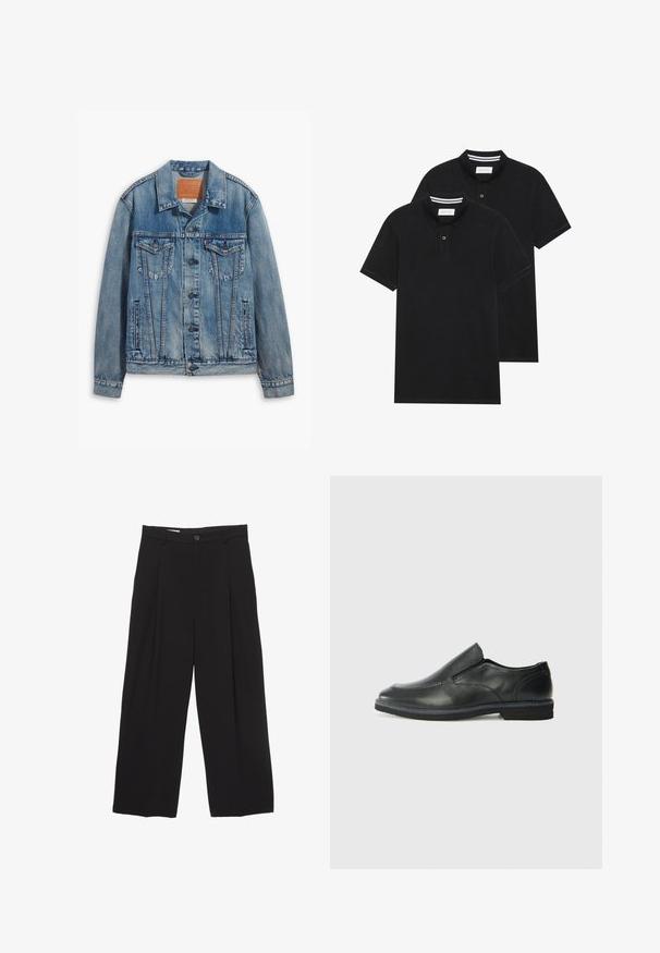 Jachetă din denim de culoare bleu deschis, cu un design clasic, închidere cu nasturi, două buzunare pe piept și o eticheta din piele la guler.; Două tricouri polo negre, cu mânecă scurtă, din material de bumbac, având un guler clasic, deschidere cu două butoane și accente albe cu dungi în interiorul gulerului.; Pantaloni negri cu croi larg, realizati dintr-un material neted, avand o talie plată, pliuri frontale și un buton de închidere.; Pantof de piele neagră, tip slip-on, cu un superior neted, accente cusute, vârf rotunjit și un toc jos din cauciuc. Talpa are un profil minim de aderență.