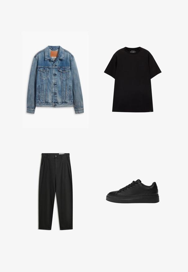 Svijetlo plava traper jakna klasičnog dizajna, s dugmadima, dva džepa na prsima i kožnom oznakom branda na ovratniku.; PULL&BEAR JOIN LIFE - Osnovna majica kratkih rukava - black; Crne pamučne hlače s opuštenim krojem, s klasičnim pojasom, prednjim nabranjima i bočnim džepovima. Glatka tekstura bez uzoraka.; Crne tenisice od glatke kože, s okruglim vrhom, debelim platformom i klasičnim vezanjem s šest rupica.