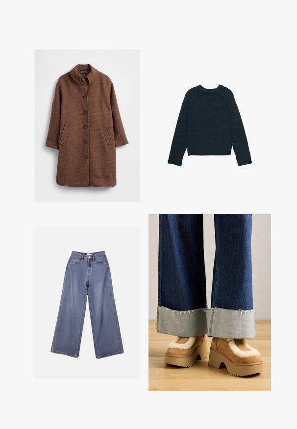 Hnědý kabát s honosným vzorem pepito, stojáčkovým límcem, dlouhými rukávy, zapínáním na knoflíky vpředu a dvěma bočními kapsami. Hladká textura a střih na míru.; Tmavě zelený pletený svetr s kulatým výstřihem, dlouhými raglánovými rukávy a vroubkovanými manžetami a lemem. Texturovaný povrch s volným střihem.; Džínové kalhoty s širokými nohavicemi v světle modrém odstínu, s vysokým pasem, předními kapsami a zapínáním na knoflík s poutky na pásek.; Hnědé semišové platformové boty s krémovým kožešinovým podšívkou, spárované s volnými džínovými kalhotami se třepenými lemy a světlým džínovým manžetou.