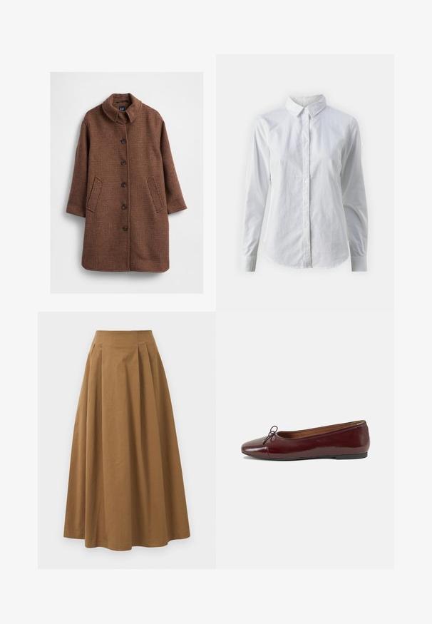 Cappotto marrone motivo pied de poule con colletto alla coreana, maniche lunghe, chiusura frontale con bottoni e due tasche laterali. Texture liscia e vestibilità sagomata.; Camicia bianca con bottoni, realizzata in cotone liscio, dotata di un colletto classico, maniche lunghe e orlo curvo. I bottoni sono piccoli e bianchi.; Gonna A-line in cotone marrone con vita alta, caratterizzata da pince sulla parte anteriore e una texture liscia. Le finiture dell'orlo sono pulite e semplici.; Ballerine in pelle verniciata bordeaux con punta arrotondata, piccolo fiocco decorativo sulla parte anteriore e suola bassa in gomma nera. Texture liscia.