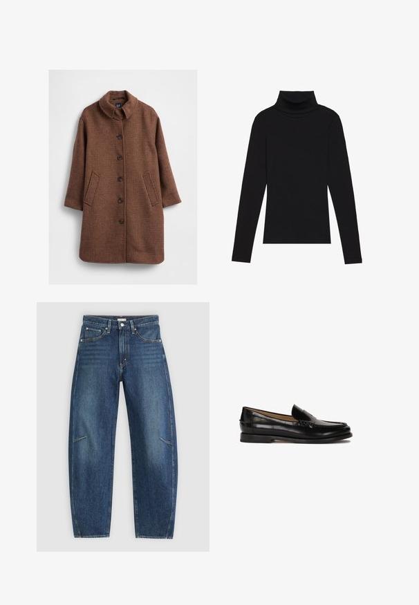 Brūna haindzosta raksta mētelis ar stāvošu apkakli, garām piedurknēm, priekšpusē ar pogu aizdari un divām sānu kabatām. Gluda tekstūra un piegriezums pēc pasūtījuma.; Melnā turtlenecka garām piedurknēm augšdaļa, izgatavota no ribotas auduma, ar pieguļošu piegriezumu, augstu kakla izgriezumu un bez rakstiem vai akcentiem.; Tumši zili džinsi ar taisna kāju dizainu, ar priekšējiem kabatām, kontrastējošu šuvju un nemanāmu izbalējušu struktūru uz kājām.; Melnas ādas loferes ar noapaļotu purngalu, viegli uzvelkamas un ar diskrētām dūrieniem augšdaļā. Vienkārša gumijas zole.