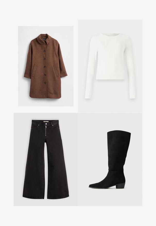 Brun hundtandsmönstrad kappa med ståkrage, långa ärmar, knäppning framtill och två sidofickor. Mjuk textur och skräddarsydd passform.; Vit långärmad ribbad topp med rund hals. Slät textur, figurnära design och inga synliga mönster eller detaljer. Enkel och minimalistisk stil.; Breda jeans i svart denim med dragkedja fram, femfickorsdesign och subtila sömdetaljer. Slät textur och avslappnad stil.; Svarta mocka knähöga stövlar med låg klack och spetsig tå, visade i sidovy på en enkel ljusgrå bakgrund.