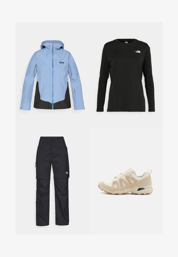 Světle modrá nepromokavá bunda s kapucí, černými bočními panely, předním zipem a nastavitelnými manžetami; na hrudi má logo.; Černé tričko s dlouhým rukávem vyrobené z bavlny s kulatým výstřihem. Na levé části hrudi se nachází malé bílé logo. Jednoduchý design a střih.; Černé nylonové cargo kalhoty na zip s nastavitelnými manžetami, několika kapsami a logem na pravé noze. Hladká, lehká textura.; Béžová a krémová sportovní obuv s texturovaným síťovaným svrškem, podpůrnými překryvy a gumovou podrážkou s dezénem pro lepší přilnavost.