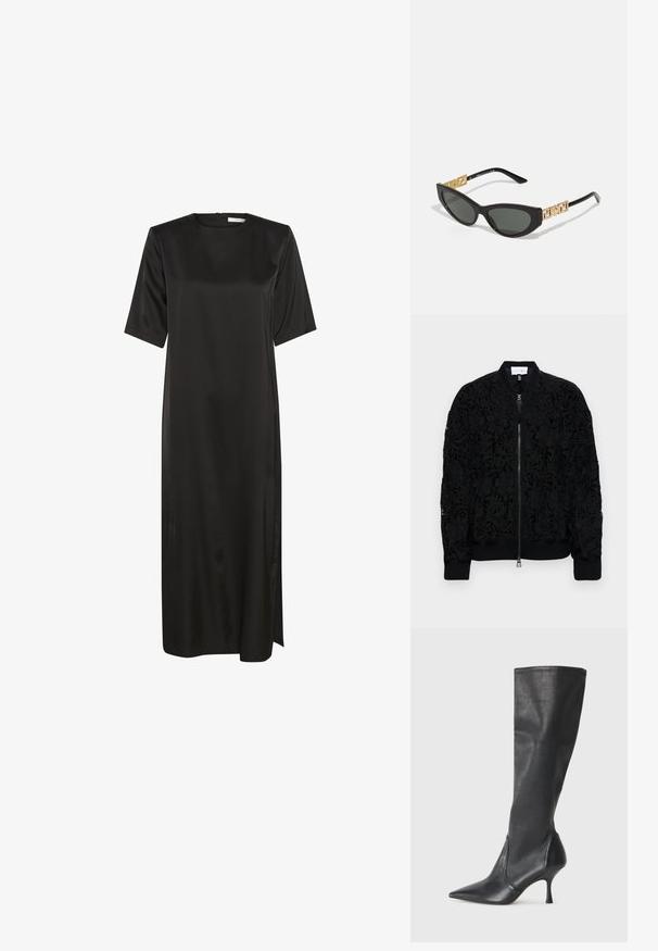 Must mustrakk, millel on keerukad lilleline pitsdisain, soonikkoes ja serv, ning hõbedane lukustus. Läbipaistvad osad paljastavad alusematerjali.; Musternine must dress, mis smooth, shiny fabric, featuring short sleeves and a straight cut with a side slit for ease of movement.; Knee-high mustad nahksaapad terava nina ja kitsaste stiilsete kontsadega. Sile tekstuur sobiva disainiga ja õmblused ülemisel serval.; Mustad kassi silmadega päikeseprillid, millel on tumedad läätsed, kuldsed geomeetrilised aktsendid tempstes ja stiilne matt viimistlus.