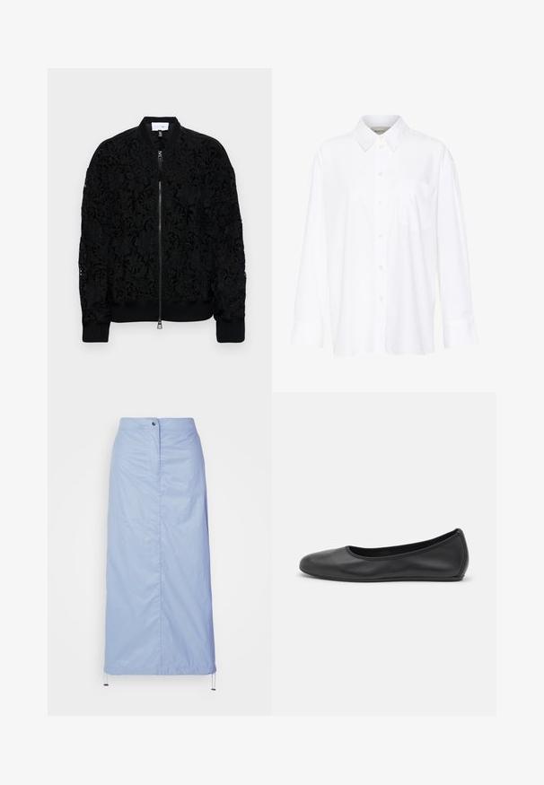 Musta pommittaja takki, jossa on monimutkainen kukkakuvioinen pitsimuotoilu, ribbaus hihansuissa ja helman kohdalla sekä hopeinen vetoketju. Läpinäkyvät osat paljastavat alla olevan kankaan.; Valkoinen pitkähihainen kauluspaita, joka on valmistettu puuvillasta. Paidassa on napitettava etuosuus ja yksi rintatasku. Pehmeä pinta, rento malli.; Vaaleansininen, keskipitkä hame, joka on valmistettu sileästä, kevyestä materiaalista ja jossa on suora malli. Hameessa on etupainikekiinnitys ja nyörihelma.; Musta nahkainen ballerina, jossa on pyöristetty kärki, sileä pinta, minimaalinen ommelkoristelu ja joustava pohjamuotoilu.