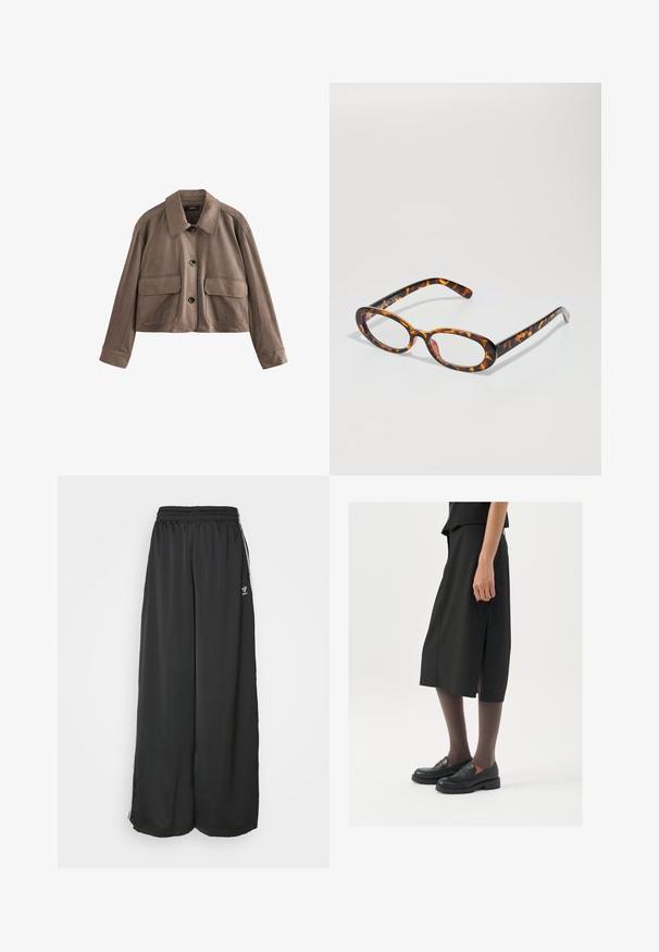 Braune Leder-Cropped-Jacke mit einem Hemdkragen, vorderer Knopfverschluss, zwei großen Klappentaschen und langen Ärmeln mit breiten Bündchen.; Zwei langärmelige Rollkragenoberteile, eines weiß und eines schwarz, aus einem glatten, dehnbaren Stoff, beide mit schmalem Schnitt und hohem Kragen.; Schwarze, locker sitzende Jogginghosen aus glattem Material. Mit elastischem Bund und seitlichen Streifen mit Logo-Akzenten.; Schwarzer knielanger Rock mit seitlichem Schlitz, kombiniert mit schwarzen Loafers und transparenten braunen Strumpfhosen, aus glattem Stoff und mit einem schlichten Design.; Schildpattbrille mit ovalen Gläsern, glänzender Oberfläche, schlanken Bügeln und subtilen Mustern, die an die Streifen eines Tigers erinnern.; Schwarze Leder-Hobo-Tasche mit einer weichen, geschwungenen Form. Sie verfügt über einen breiten Oberhandgriff und Falten an der Basis für eine lässige Textur.