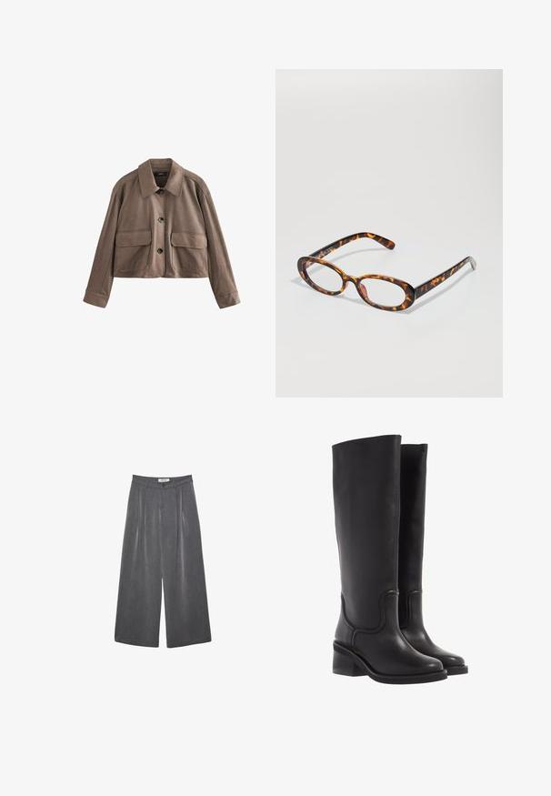 Braune Leder-Cropped-Jacke mit einem Hemdkragen, vorderer Knopfverschluss, zwei großen Klappentaschen und langen Ärmeln mit breiten Bündchen.; Brauner Stoff mit weicher Textur, sichtbaren Nähten und einem kreisförmigen Logetikett, das teilweise von Stofffalten verdeckt wird.; Faltenhose mit weitem Bein aus einem dunkelgrauen Stoff mit subtiler Textur. Verfügt über einen Knopfverschluss und ein klassisches Design des Bunds.; Schwarze Lederstiefel bis zum Knie mit glatter Textur, abgerundeter Spitze und klobigem Absatz. Mit dezenten Nähten und einem schlanken Design.; Schildpattbrille mit ovalen Gläsern, glänzender Oberfläche, schlanken Bügeln und subtilen Mustern, die an die Streifen eines Tigers erinnern.; Tasche aus braunem Wildleder mit zwei langen Griffen, rechteckiger Form und dekorativer Naht. Verfügt über einen seitlichen Riemen und subtile goldene Hardwareakzente.