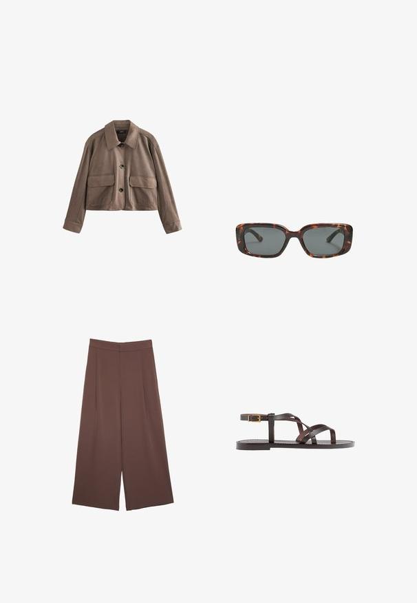 Brun læder cropped jakke med skjortekrave, fronttrykknaplukning, to store klaplommer og lange ærmer med brede manchetter.; Brun kortærmet t-shirt lavet af blødt stof, med rund halsudskæring og en afslappet pasform. Glat overflade uden mønstre eller detaljer.; Brune bredbunde bukser med en glat tekstur, der har høj talje og plisseringer foran. Stoffet er let og falder løst.; Brune lædersandal med krydsende stropper, ankelspænde og en flad sål med minimale syninger.; Skildpaddedesolbriller med rektangulære linser, tykke stel og mørkt tonede linser. Glat tekstur og minimalistisk design.