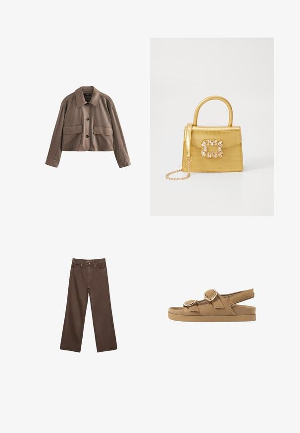 Hnědá kožená zkrácená bunda s límcem košile, předním zapínáním na knoflíky, dvěma velkými kapsami s klopami a dlouhými rukávy se širokými manžetami.; Hnědé tričko s krátkým rukávem vyrobené z měkké tkaniny, s kulatým výstřihem a volným střihem. Hladký povrch bez vzorů nebo akcentů.; Hnědé džíny s širokými nohavicemi vyrobené z denimu, s vysokým pasem, předními kapsami a klasickým zapínáním na knoflík. Hladká textura s jemným švem.; Béžové semišové sandály se dvěma nastavitelnými popruhy, zlatými kovovými doplňky a silnou polstrovanou podrážkou pro pohodlí a podporu.; Žlutá kabelka z umělé krokodýlí kůže se strukturovaným designem, horním uchopem, odnímatelným řetízkovým popruhem a dekoračním krystalovým zdobením na zapínání.