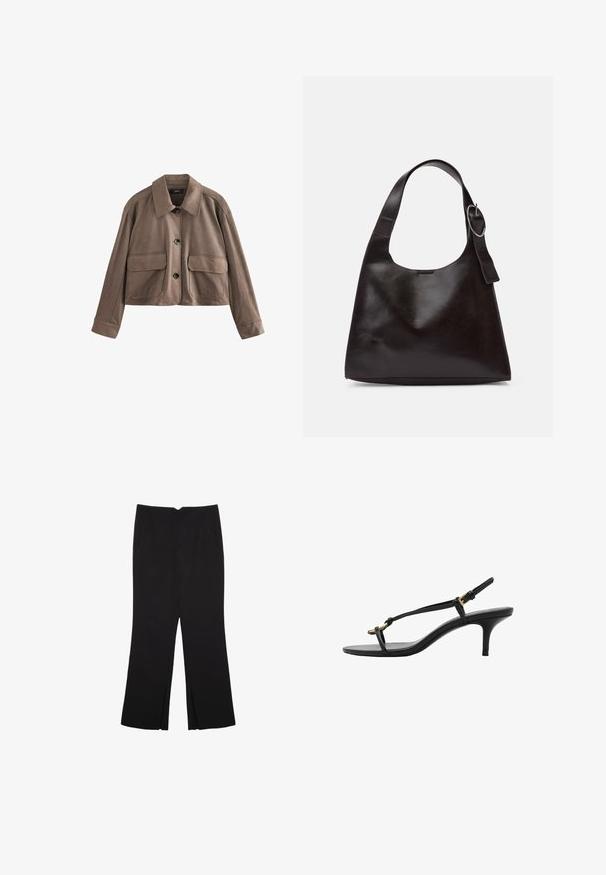 Giacca cropped in pelle marrone con colletto a camicia, chiusura frontale a bottoni, due grandi tasche con patta e maniche lunghe con ampi polsini.; Top bianco a maniche corte in maglina con scollatura rotonda. Tessuto morbido e vestibilità comoda, con un design semplice senza ulteriori motivi.; Pantaloni neri a gamba dritta, con tasche frontali e spacchi laterali all'orlo. Realizzati in tessuto morbido e liscio. Adatti a diverse occasioni.; Sandal con zeppa kitten nera in pelle, con sottili cinturini, fibbia dorata e una minimalista fascetta per le dita su sfondo bianco.; Borsa a spalla in pelle marrone con una texture liscia, forma arrotondata, ampia tracolla e un accento metallico circolare sul manico.
