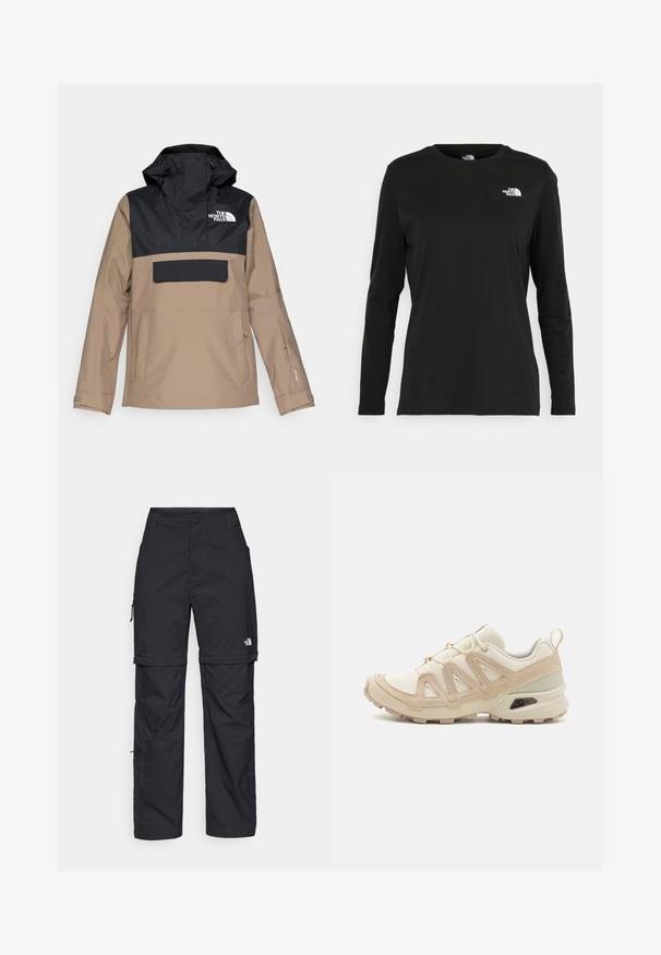 Beżowa i czarna wodoodporna kurtka z kapturem, kieszenią z przodu i elastycznymi mankietami; posiada logo na piersi oraz elegancki design.; Czarna koszulka z długim rękawem z bawełny z okrągłym dekoltem. Posiada niewielkie białe logo po lewej stronie na piersi. Prosty design i fason.; Czarne nylonowe spodnie cargo z odpinanymi nogawkami, regulowanymi mankietami, wieloma kieszeniami oraz logo na prawej nogawce. Gładka, lekka tekstura.; Beżowe i kremowe buty sportowe z teksturowanej siateczki, wspierającymi nakładkami oraz gumową podeszwą z wzorem bieżnika zapewniającym przyczepność.