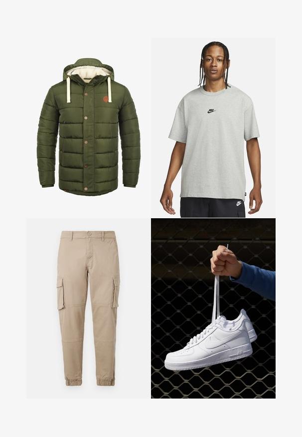 Olivgrön vadderad jacka med huva, med fleecefoder, quiltad design, knappar fram och sidfickor.; Ung person med flätat hår iklädd en ljusgrå Nike T-shirt och svarta Nike-shorts framför en enkel vit bakgrund.; Beiga cargobyxor i ett lätt bomullsmaterial. Har elastiska mudd, flera sidofickor och en knappstängning.; Vita lädersneakers med perforeringar, rund tå, platt sula och tjocka snörning, med en synlig swoosh-logga och "AIR" på hälen.