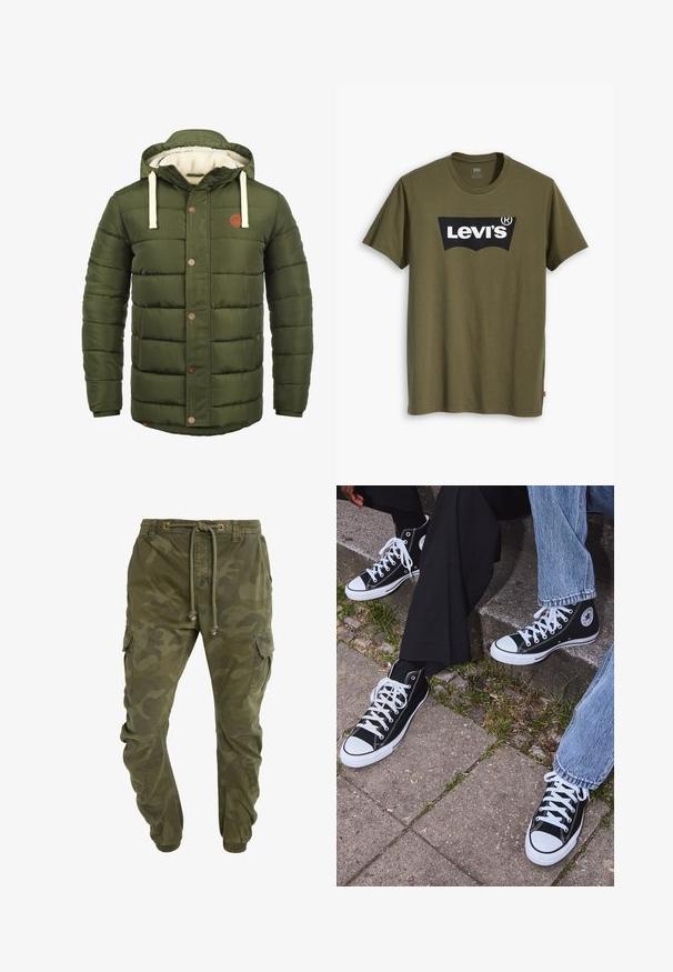 Õlivihmroheline sulejope kapuutsiga, millel on fliisis vooder, tikitud muster, ees olevad nupud ja küljetaskud.; Õliva rohelise puuvillase T-särgiga, millel on suur must Levi'si logo kollase poolkaarekujulisena üle rinna. Regulaarne lõige.; Roheline kamokiri musteriga cargo püksid, millel on kummist vöökoht, elastsed kraed ja küljetaskud. Valmistatud vastupidavast kangast.; Mustad musta värvi kõrged kanvasist tossud valgete kummitaldade ja nööridega, külgedel ringikujuline logo ning kombineeritud denimist ja mustade pükstega.