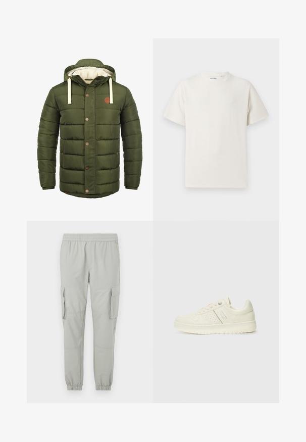 Õlivihmroheline sulejope kapuutsiga, millel on fliisis vooder, tikitud muster, ees olevad nupud ja küljetaskud.; Valge lühikeste varrukatega T-särk ribakudumises. Ümar kaelus, mugav lõige, nähtavad mustrid ega aksessuaarid puuduvad. Lihtne ja mitmekesine disain.; Heledad hallhalli püksid elastse vöökoha, kitsenevate pahkluude, kahe külgtasku ja kahe suure külgtaskuga. Sile kangastekstuuri.; Koor valged tossud perforatsiooni detailide, nööpide ja külje logo ka, esitatud ühtlase valge tausta ees.