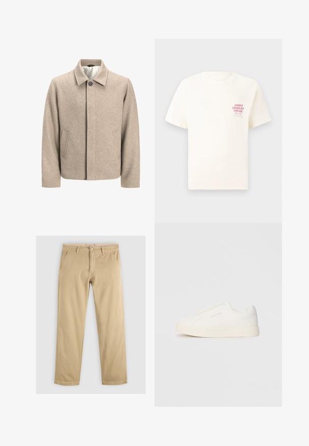 Giacca di lana beige con un singolo bottone nero al colletto, chiusura frontale nascosta e tasche laterali inclinate, foderata con tessuto leggero.; T-shirt bianco a maniche corte con testo rosso "Studio Originals Edition" sul lato sinistro del petto, esposto su uno sfondo grigio neutro.; Chinos khaki con gamba dritta, dotati di due tasche anteriori e una vita con passanti per cintura. Realizzati in morbido e resistente cotone.; Sneakers bianchi slip-on con superficie texturizzata, suola spessa e design minimalista. Presentano il logo del marchio sul lato.