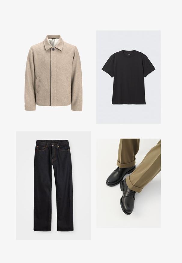 Bež vuneni kaput s jednim crnim gumbom na ovratniku, skrivenim prednjim zatvaranjem i koso postavljenim bočnim džepovima, obložen laganom tkaninom.; Crna majica kratkih rukava od pamuka. Ima okrugli izrez i opušteni kroj. Jednostavan dizajn bez vidljivih uzoraka ili akcentskih detalja.; Muške traperice ravnog kroja, crne boje, s pet džepova i narančastim šavovima, sa zatvaranjem na dugme i patentni zatvarač na prednjem dijelu struka.; Crne kožne cipele s glatkom površinom, s vezicama i zaobljenim vrhom, uparene s podignutim kaki hlačama.