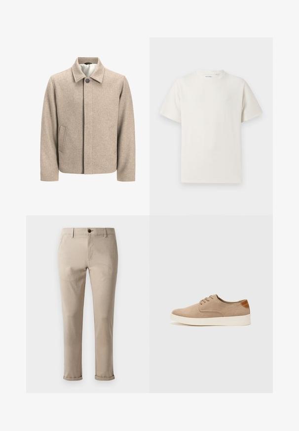 Bežna volnena jakna s enim črnim gumbom pri ovratniku, skrito sprednje zapiranje in poševnimi stranskimi žepi, podložena z lahkotno tkanino.; Bela majica s kratkimi rokavi iz rebraste tkanine. Okrogli izrez, sproščen kroj, brez vidnih vzorcev ali naglasov. Preprosta in vsestranska zasnova.; Jack & Jones JPSTMARCO FURY - Hlače chino - atmosphere; Bež tkanine usnjene superge z zaobljenim nosom, vezalkami na sprednji strani in teksturiranim zadnjim detajlom. Belo gumijasto podplato zagotavlja kontrast. Enostaven in sodoben dizajn.