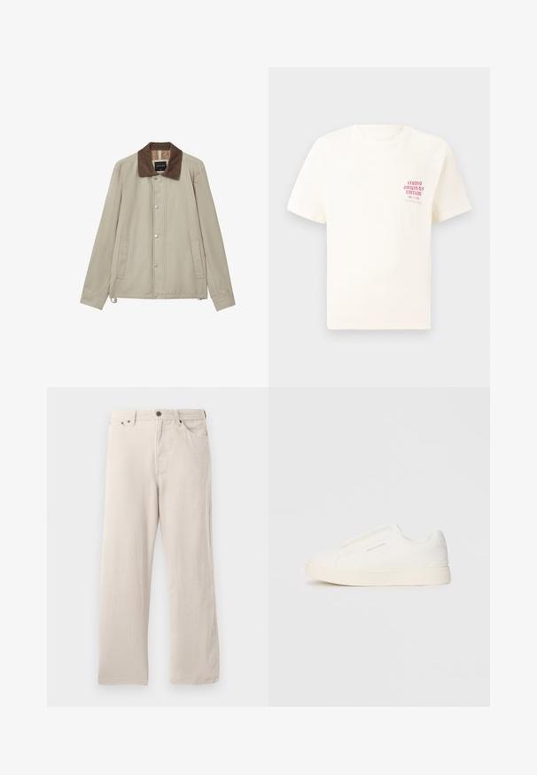 Beige Baumwolljacke mit einem braunen Cordkragen, Druckknopfverschluss, seitlichen Taschen und geradem Schnitt. Glatte Textur, lässiges Design.; Weißes T-Shirt mit kurzen Ärmeln und rotem Text "Studio Originals Edition" auf der linken Brust, präsentiert vor einem neutralen grauen Hintergrund.; Beige Corduroyhosen mit geradem Schnitt, gerippter Textur, Fünf-Taschen-Design und Knopfverschluss.; Weiße Slip-On-Sneaker mit einer strukturierten Oberfläche, dicker Sohle und minimalistischem Design. Mit Logo der Marke an der Seite.