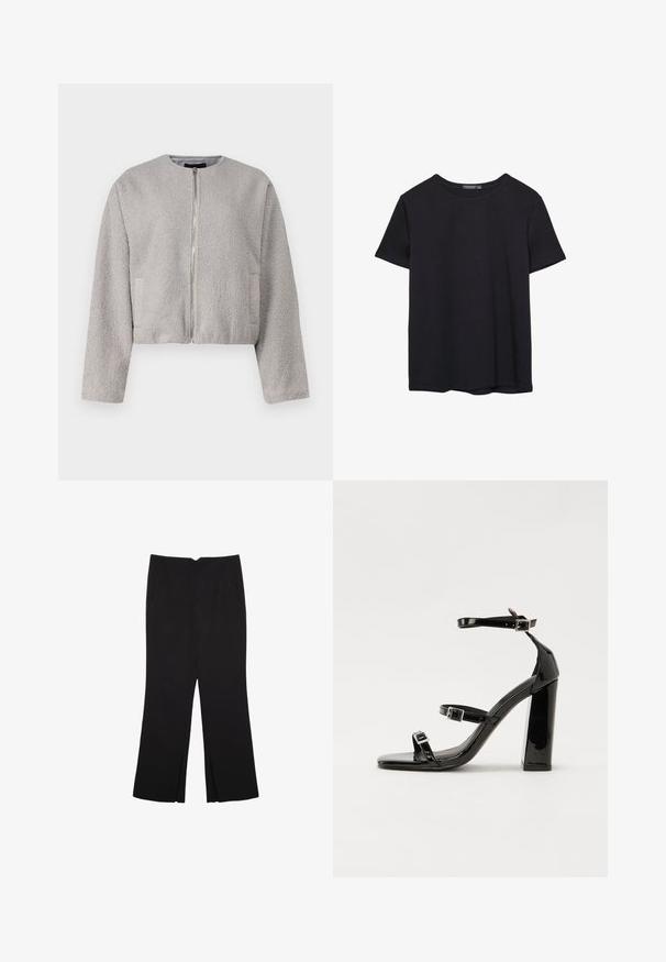 Sivá skrátená bunda vyrobená z mäkkého, textúrovaného materiálu, s okrúhlym výstrihom, predným zipsom a dvoma bočnými vreckami.; Jednoduché čierne bavlnené tričko s krátkym rukávom a okrúhlym výstrihom, umiestnené na bielom pozadí.; Čierne nohavice so strihom rovného strihu, s prednými vreckami a bočnými rozparkami na leme. Vyrobené z mäkkej, hladkej tkaniny. Vhodné na rôzne príležitosti.; Čierne lakované sandále na podpätku so štvorcovou špičkou, navlečenými remienkami okolo členku a striebornými prackami. Disponujú masívnym blokovým podpätkom pre stabilitu.