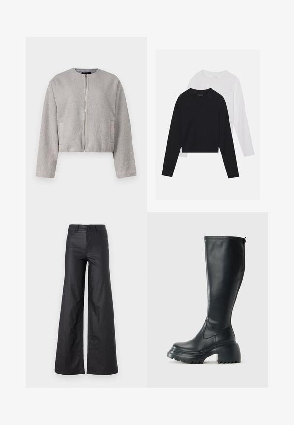 Szürke, rövidített dzseki, puha, texturált anyagból készült, kerek nyakkivágással, elöl cipzárral és két oldalsó zsebbel.; Két hosszúujjú póló: az egyik fekete, a másik fehér. Mindkettő kerek nyakú, raglán ujjal és puha pamutkeverék anyaggal készült.; Fekete, bő szabású nadrág mesterséges bőrből. Jellemzője a magas derék, övhurkok, két elülső zseb és varrott részletek.; Magas fekete bőrcipő, vastag platform talppal és blokk sarokkal, húzófüllel és texturált profillal az outsole-on.