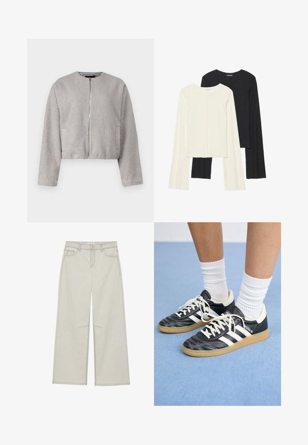 Jaqueta cinza cropped feita de um tecido suave e texturizado, com decote redondo, fecho frontal de zíper e dois bolsos laterais.; Conjunto de duas blusas de manga longa em branco e preto. Textura canelada, decote redondo, design ajustado com mangas ligeiramente evasê.; Calças largas de um cinza claro com cinco bolsos, fecho frontal com botão e costuras em contraste ao longo das emendas. O tecido parece suave e durável.; Sapatilhas de couro preto com riscas brancas, biqueira redonda, atacadores brancos e sola de borracha de goma. Destacadas pelo colarinho acolchoado e detalhes de marca.