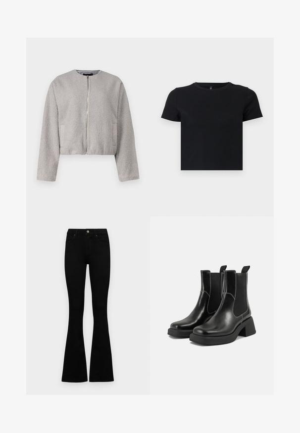 Jachetă gri scurtă fabricată dintr-un material moale și texturat, având un decolteu rotund, închidere cu fermoar în față și două buzunare laterale.; Tricou negru cu mânecă scurtă, fabricat din bumbac moale. Dispune de un guler rotund și un design ajustat. Textură netedă, fără modele sau accente.; Jeans negri cu talie înaltă, cu închidere prin nasture și fermoar, buzunare frontale și picioare evazate, așezați pe un fundal alb.; Botine Chelsea din piele neagră, cu toc masiv, panouri laterale elastice și cusături albe contrastante. Finisaj texturat.