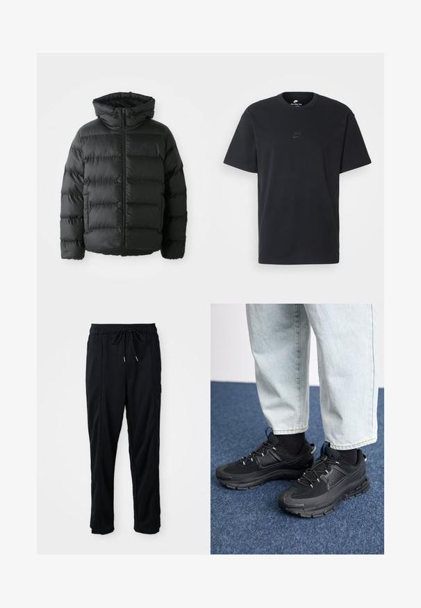 Fekete puff dzseki cipzáras elől, kapucnival és vízszintes varrásokkal. Texturált felülettel és logós díszítéssel rendelkezik a mellrészen.; Fekete pamut póló Nike márkájú, klasszikus, kerek nyakú, rövid ujjú, és letisztult, dombornyomott logóval a mellkason. Simább textúra.; Fekete húzózsinóros, kényelmes nadrág oldalsó varrású zsebekkel és egyenes szabással, egyszínű háttéren.; Fekete sportcipők texturált anyaggal és gumitalppal, elasztikus fűzőkkel és kék kiegészítővel a saroknál. Világos farmernadrággal viselve.