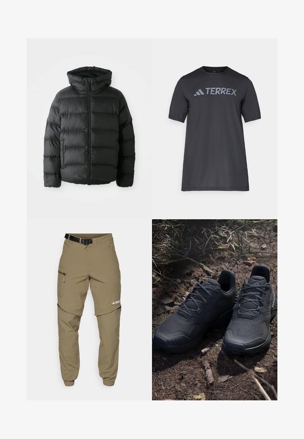 Giubbotto a sacco nero con chiusura frontale a zip, cappuccio e sezioni orizzontali cucite. Presenta una superficie testurizzata e un accento con logo sul petto.; T-shirt nero a maniche corte realizzato in tessuto leggero, con il logo "TERREX" grigio chiaro sul petto e colletto tondo.; Pantaloni da esterno khaki con cintura nera regolabile, tasche con zip, polsini affusolati e gambe inferiori staccabili per uno stile versatile.; Scarpe da ginnastica nere con una tomaia in maglia texturizzata, punta rinforzata e suola ammortizzata, esposte su un terreno terroso con ramoscelli sparsi.