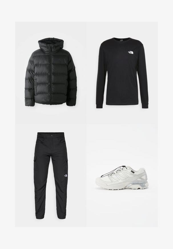 Schwarze Steppjacke mit Reißverschluss, Kapuze und gesteppten horizontalen Abschnitten. Hat eine strukturierte Oberfläche und ein Logo-Detail auf der Brust.; Schwarzes Langarm-T-Shirt aus Baumwolle mit einem weißen Logo auf der linken Brust und gerippten Bündchen. Glatte Textur mit Rundhalsausschnitt.; The North Face HORIZON PANT - Outdoor-Hose - black; Weißer Sportschuh mit einem strukturierten Mesh-Obermaterial, reflektierenden Akzenten und einer gepolsterten Sohle. Verfügt über elastische Schnürsenkel und graue Details.