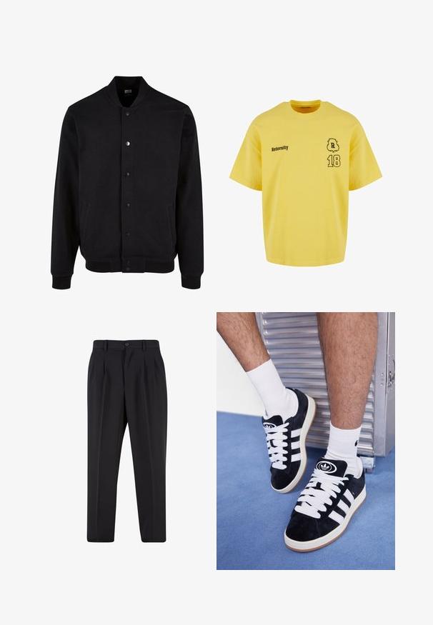 Črna bomberska jakna iz mehkega materiala brez ovratnika, z zapiranjem na pritisne gumbe in dvema stranskima žepoma. Ima ribane manšete in rob.; Rumena bombažna majica s krožnim vratom in kratkimi rokavi, ki ima črn odtisnjen napis "Reternity" in številko "18" z dekorativnim poudarkom.; Črne hlače z nabranim sprednjim delom, narejene iz gladkega materiala. Imajo gumbasto zapiranje in zanke za pas; ravne hlačnice.; Črne semiš teniske z belimi vezalkami in tremi belimi črtami. Imajo okroglo črno oznako na jezičku in gumijast podplat.