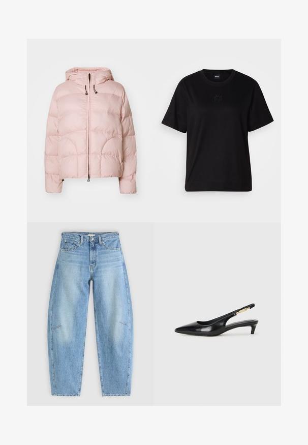 Rosa puffjacka med huva, med kviltad design, frammakslåsning och justerbara dragsnören vid huvan och nederkanten.; Svart bomullströja med rund halsringning, korta ärmar och en broderad logotyp på bröstet. Enkel, avslappnad passform utan mönster.; Ljust blå denimjeans med avslappnad passform, som har hög midja, raka ben och diskreta sömnadsdetaljer på framfickorna.; Svart läder slingback-hälar med spetsig tå, med en smal klack och en guldtonad detalj på den justerbara remmen. Slät textur.
