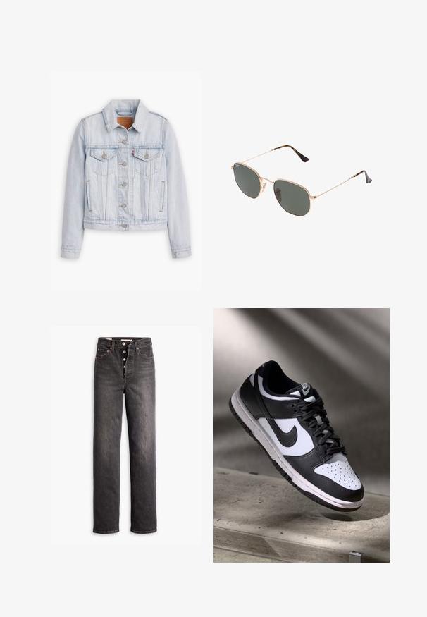 Svijetloplava traper jakna s dugmetima, dva džepa na prsima s preklopima, bočni džepovi i ovratnik, leži ravno na bijeloj podlozi.; Bijela košulja s dugim rukavima, ovratnikom, dugmadi sprijeda, dva džepa na prsima, ravnim rubom i lagano proširenim rukavima, izrađena od glatkog materijala.; Crne traperice visokog struka ravnog kroja, izrađene od denima. Imaju kopčanje na gumbe, mjedi akcentima i kontrastne šavove.; Crno-bijeli Nike Dunk Low tenisice s kožnim gornjištem, perforiranim prednjim dijelom, crnim vezicama, s bijelim đonom i logom.; Naočale s metalnim okvirom u zlatnoj boji i tamnozelenim lećama, avijatičarskog stila, sa tankim drškama i kornjačevim naglascima na vrhovima.; Svijetlosmeđi platneni crossbody ranac s nabranim dizajnom, podesivim remenom i zatvaranjem na zip. Meka tekstura, zaobljen oblik, minimalistički stil.