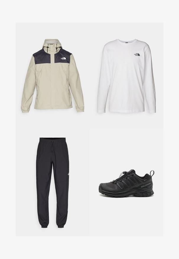 The North Face M ANTORA JACKET - Hardshell-jakke - clay grey/black; Hvid langærmet T-shirt lavet af bomuld med rund hals. Har et lille sort logo på brystet. Glat tekstur, almindelig pasform.; Sorte atletiske bukser lavet af letvægtsstof, med en snor i taljen, sidelommer og tapered manchetter ved anklerne.; Sort atletik sko med en struktureret syntetisk overdel, polstret sål og et hurtiglukkesystem. Har forstærket tå og hæl.