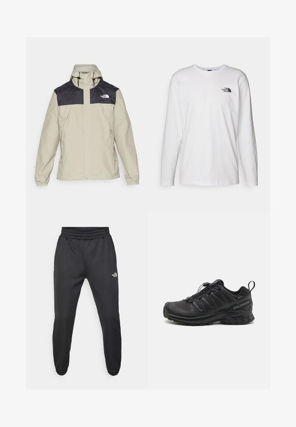 The North Face M ANTORA JACKET - Hardshellová bunda - clay grey/black; Bílý dlouhý rukáv tričko vyrobené z bavlny s kulatým výstřihem. Na hrudi se nachází malé černé logo. Hladká textura, běžný střih.; Černé tepláky s nastavitelným pasem, zúženým střihem, elastickými manžetami a malým bílým logem na levém stehně, vyrobené z hladké tkaniny.; Černá sportovní bota s texturovaným syntetickým svrškem, polstrovanou podrážkou a rychlouzavíracím systémem. Obsahuje zesílenou špičku a patu.