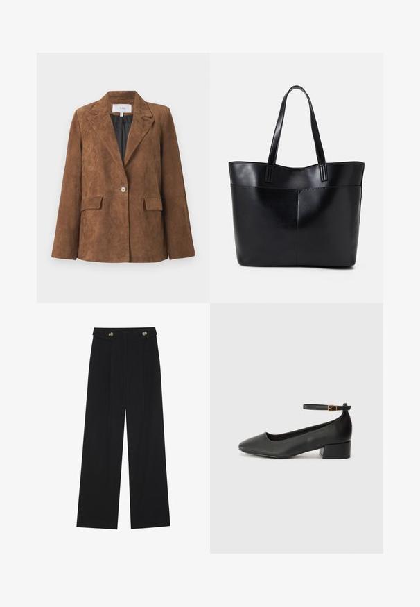 Bruine suède blazer met een scherpe kraag, sluiting met één knop, twee voorzakken en een gladde voering. Klassiek op maat gemaakt ontwerp.; Donkerbruin, hooggesloten pullover trui met een relaxte pasvorm, lange mouwen, ribgebreide manchetten en zoom. Zachte textuur en minimale details.; Zwarte wijde broek met hoge taille, knoopdetails op de tailleband en plooien aan de voorkant.; Zwarte leren pump met een spitse neus en een lage blokhak. Beschikt over een enkelband met een goudkleurige gespsluiting. Gladde textuur.; Zwarte leren tote bag met twee lange handvatten, een zachte textuur en een gestructureerde vorm. Voorzien van een voorvak voor extra opslagruimte.