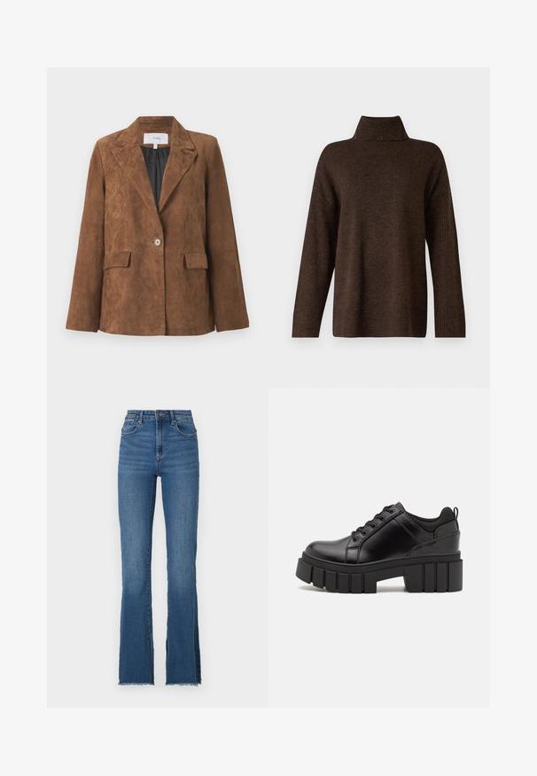 Brauner Wildleder-Blazer mit scharfem Kragen, einreihigem Knopfverschluss, zwei vorderen Taschen und glattem Innenfutter. Klassisches, maßgeschneidertes Design.; Brauner Strickpullover mit hohem Rippkragen, weiten Ärmeln und weicher Textur. Verfügt über eine lockere Passform und Rippdetails an den Ärmeln.; Schwarzblaues Denim mit Schlag, hoher Bund, ausgefranster Saum und fünf Taschen. Glatte Textur mit subtiler Ausbleichung.; Schwarze Lederplateauschuhe mit klobigem Blockabsatz, runder Zehenpartie und traditionellem Schnürdesign. Verfügt über eine glatte Textur und minimale Details.